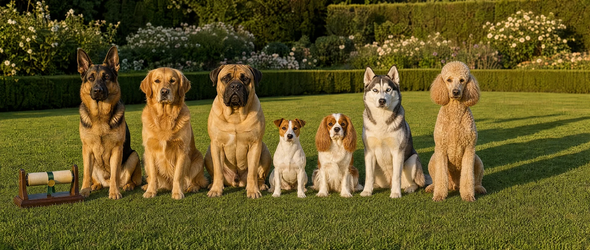 Três cães de gerações diferentes, adulto, jovem e filhote