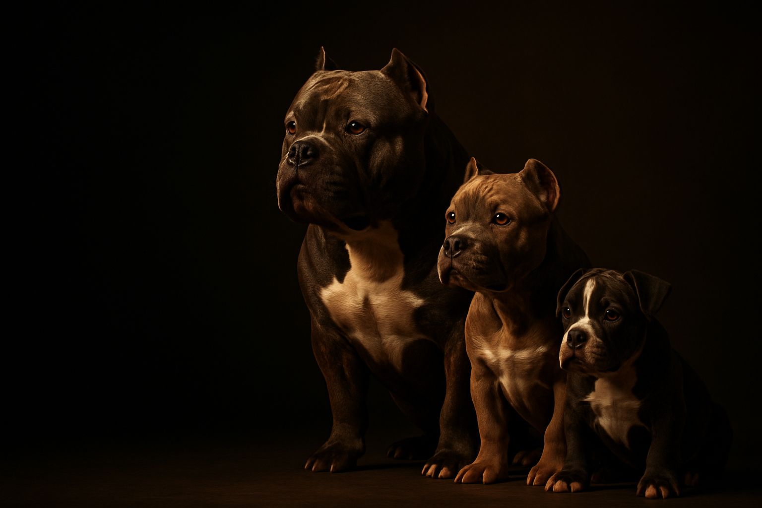Três cães de gerações diferentes, adulto, jovem e filhote
